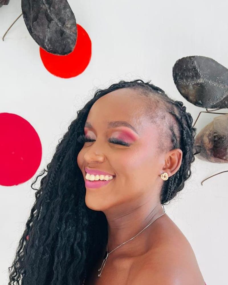 Pink glam makeup, client laughing